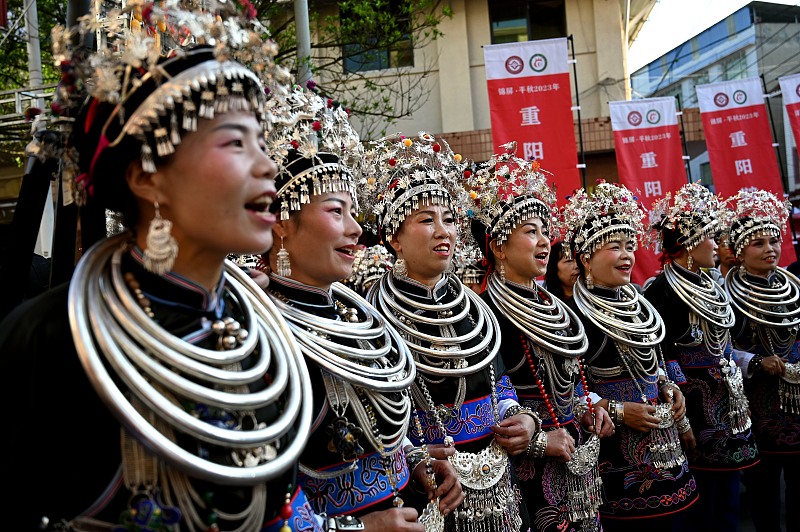 Women from the Dong ethnic group sing traditional songs at a folk festival in Jinping County, Guizhou Province, October 25, 2023. /CFP