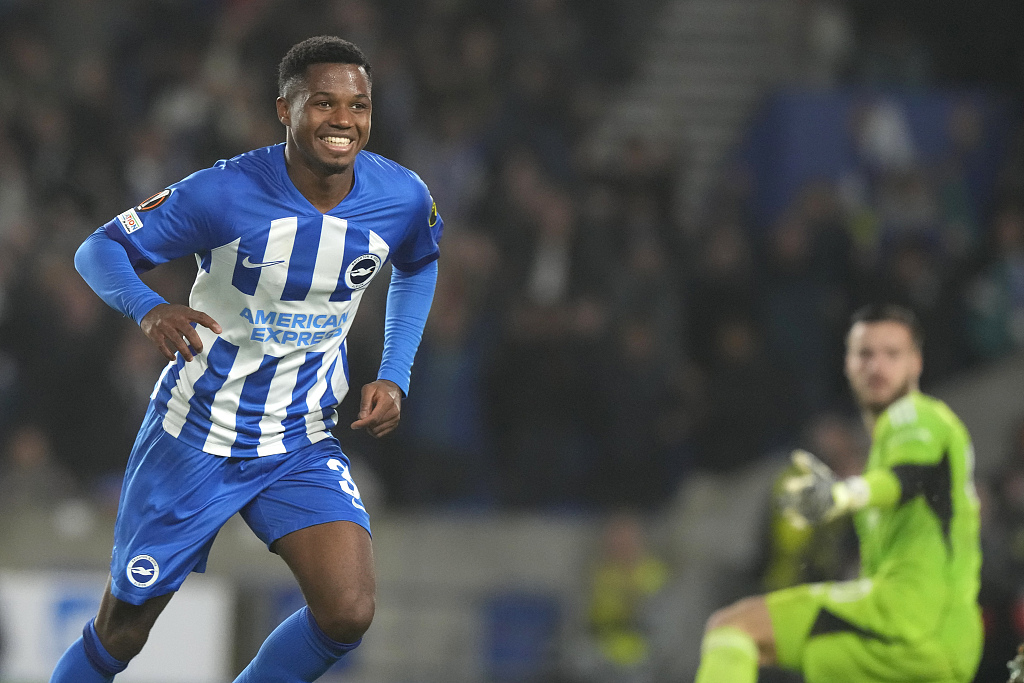 Ansu Fati of Brighton reacts after scoring during their clash with Ajax at the American Express Community Stadium in Brighton, England, October 26, 2023. /CFP