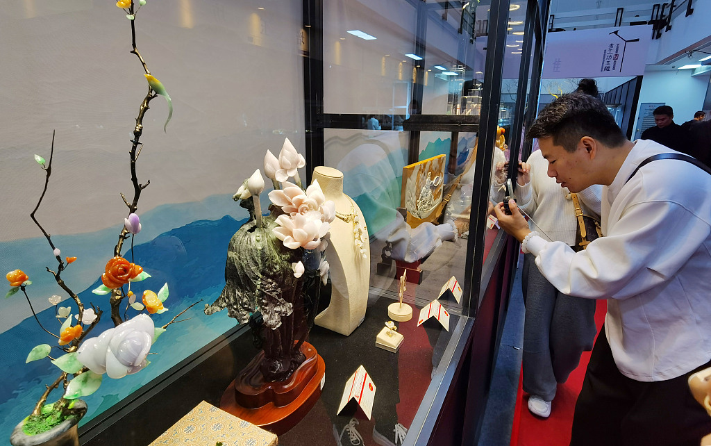 Jade carving works at the 2023 China International Jewelry Fair in Beijing are seen in this photo taken on October 26, 2023. /CFP