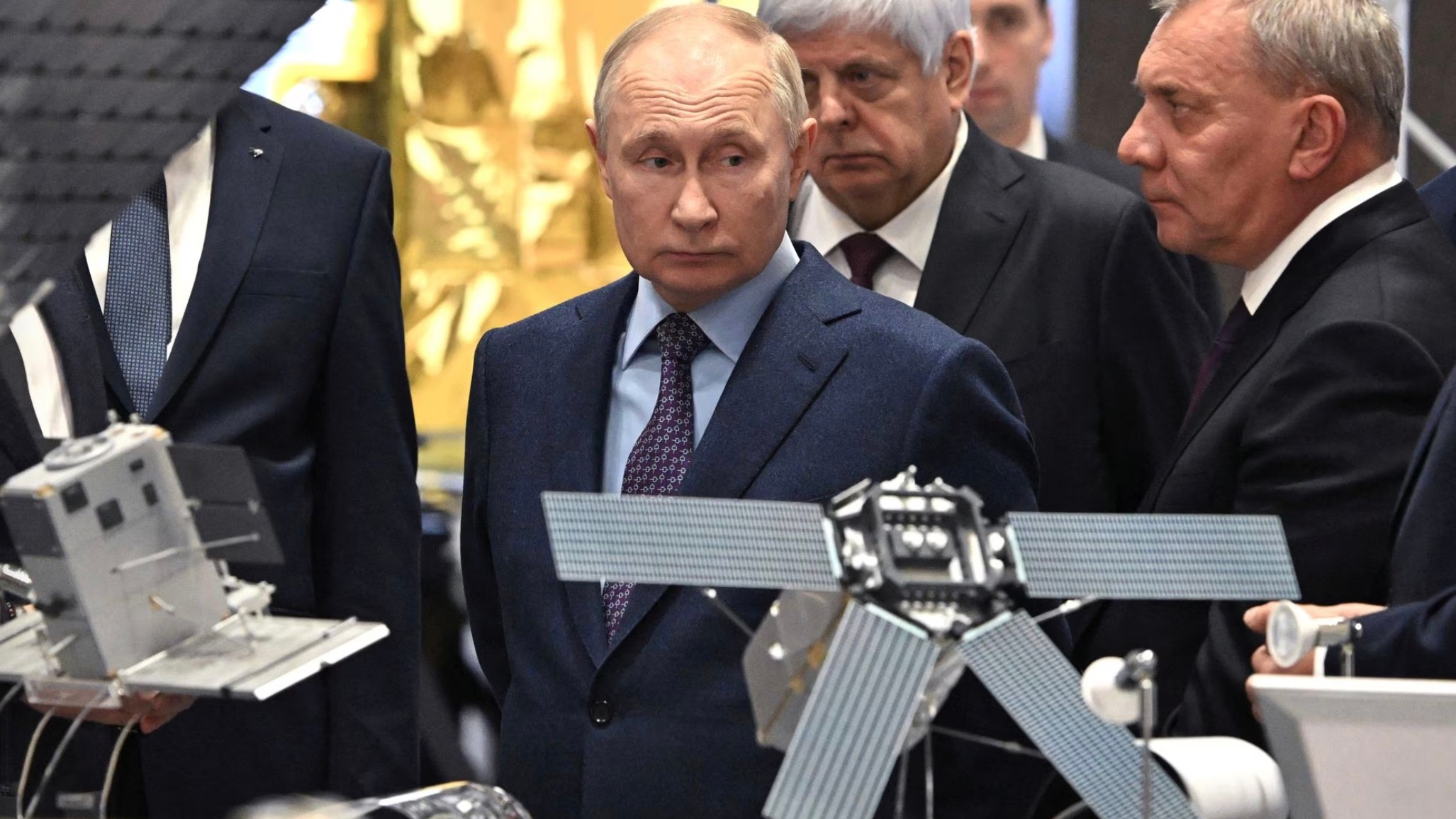 Russian President Vladimir Putin, accompanied by head of the Roscosmos space corporation Yuri Borisov, visits the Rocket and Space Corporation 