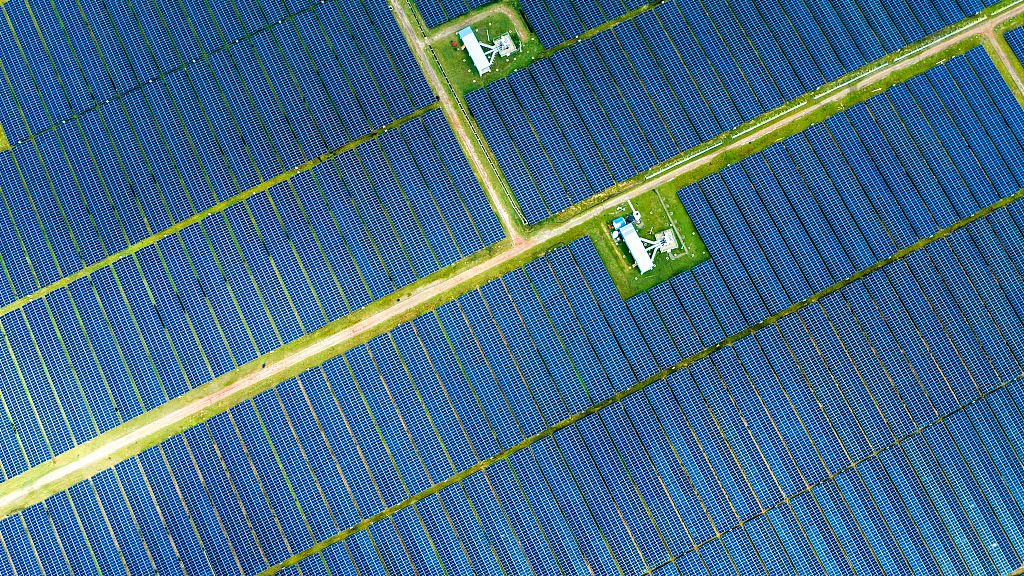 An aerial view shows a solar plant in Khulna, Bangladesh, October 26, 2023. /CFP