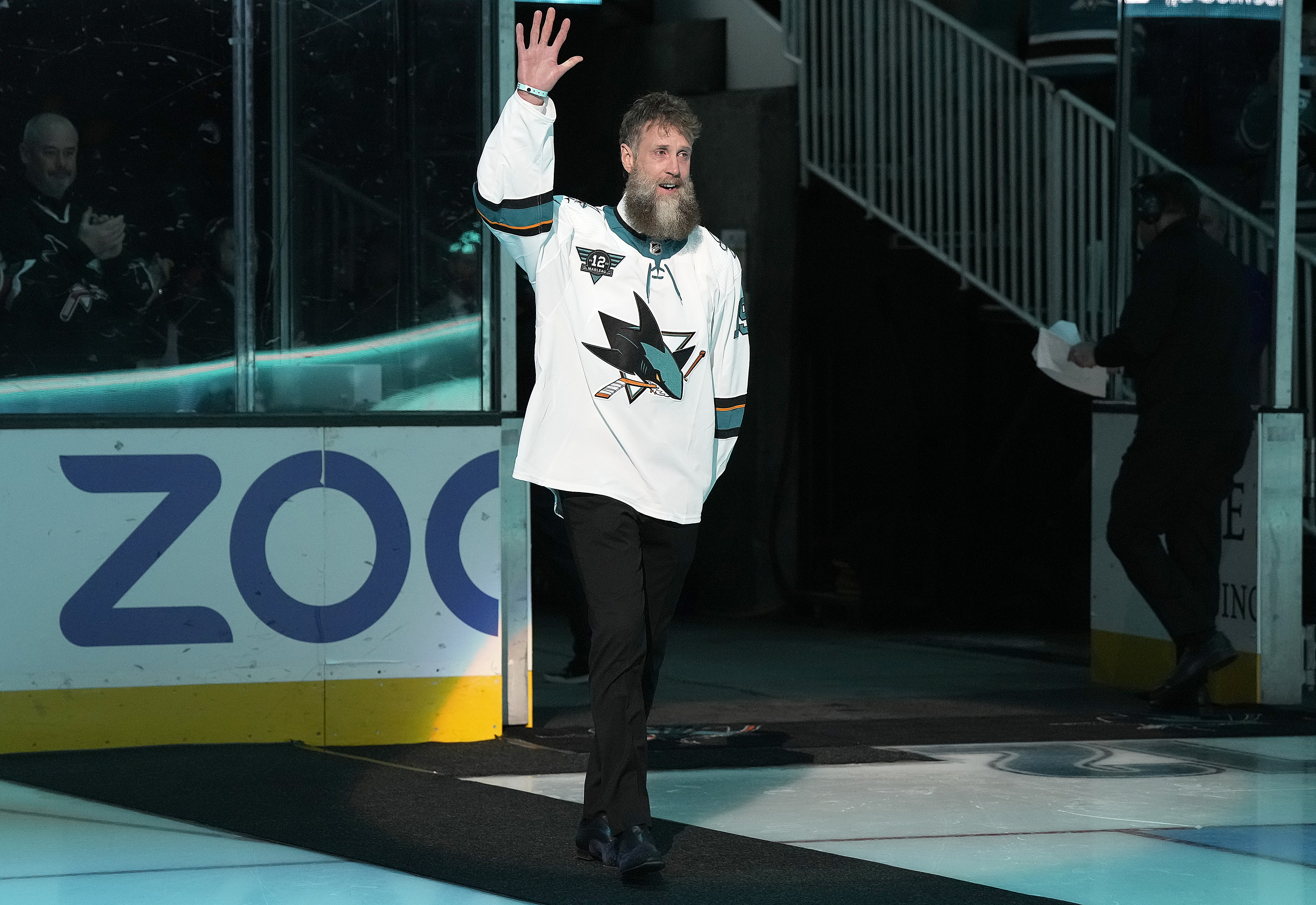 Joe Thornton, former player of the San Jose Sharks, attends the jersey-retiring ceremony of Patrick Marleauat at SAP Center in San Jose, California, February 25, 2023 . /CFP