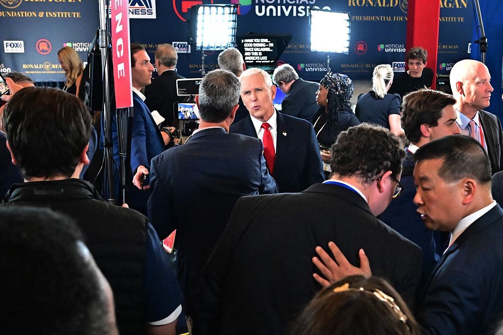 Former U.S. Vice President Mike Pence speaks to journalists following the second Republican presidential primary debate at the Ronald Reagan Presidential Library in Simi Valley, California, U.S., September 27, 2023. /CFP