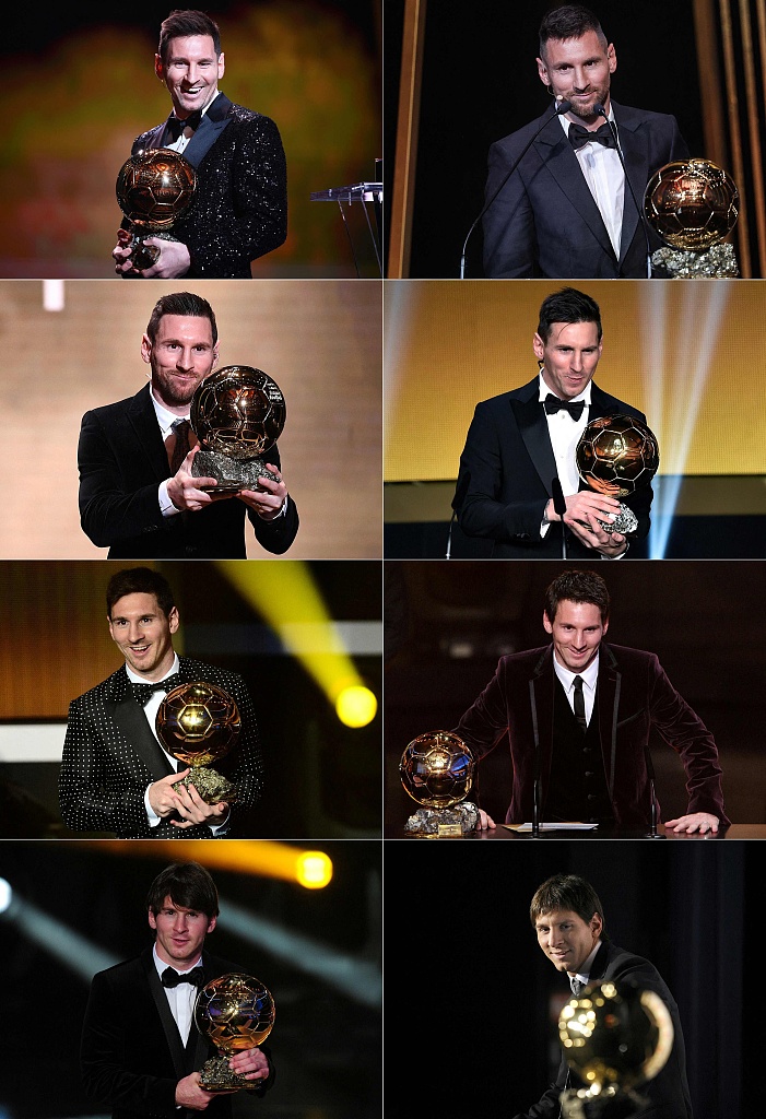 This combination of file photographs shows Lionel Messi reacting as he receives his eight Ballon d'Or award. /CFP