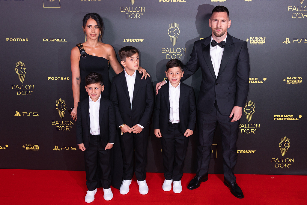 Lionel Messi, his wife Antonela Roccuzzo, and their sons attend the 2023 Ballon d'Or during the award ceremony at Theatre du Chatelet in Paris, France, October 30, 2023. /CFP