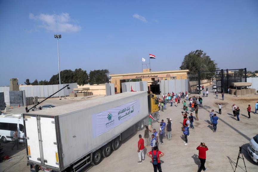 A truck loaded with humanitarian aid prepares to enter Gaza on the Egyptian side of the Rafah border crossing, October 22, 2023. /Xinhua