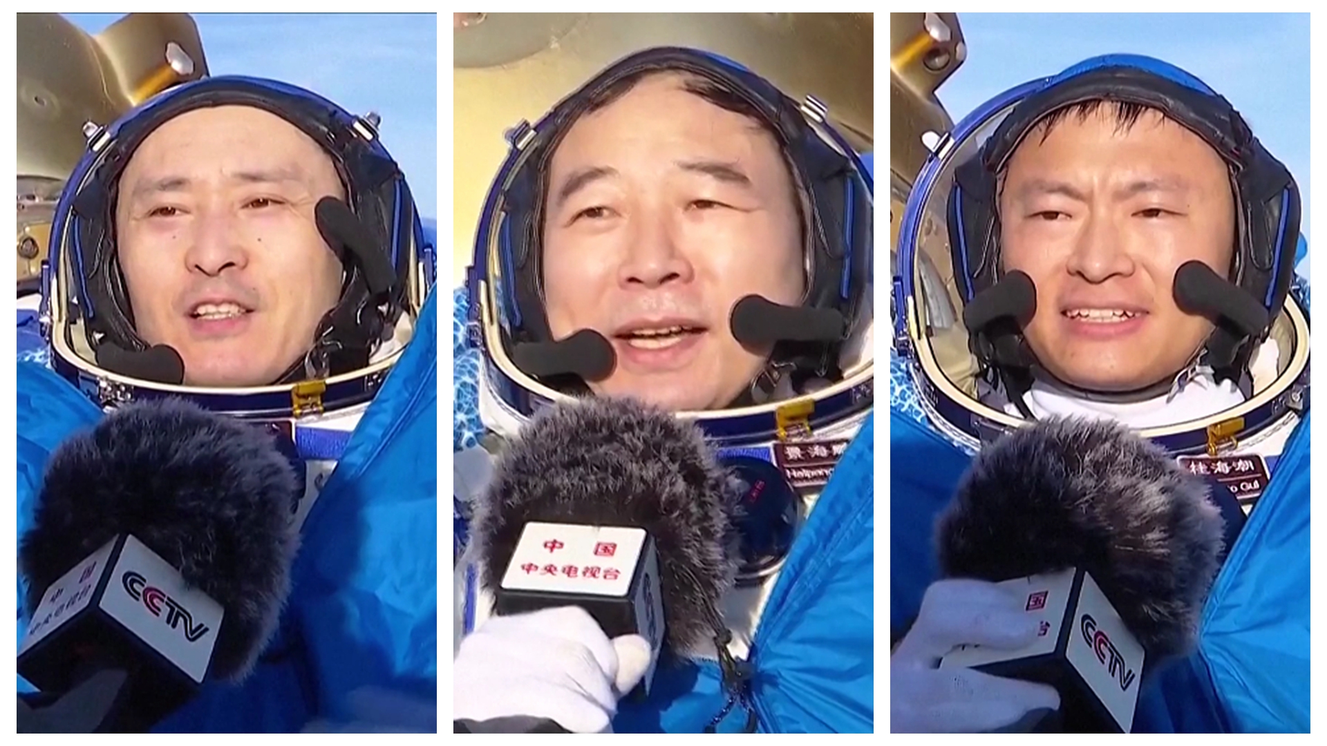 Shenzhou-16 taikonauts Jing Haipeng (C), Zhu Yangzhu (L) and Gui Haichao (R) return to Earth from the China Space Station, October 31, 2023. /CMG