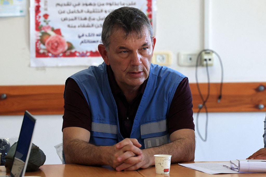 UNRWA Commissioner-General Philippe Lazzarini attends a meeting in Rafah after crossing into the Palestinian enclave through the Rafah border crossing with Egypt, November 1, 2023. /CFP