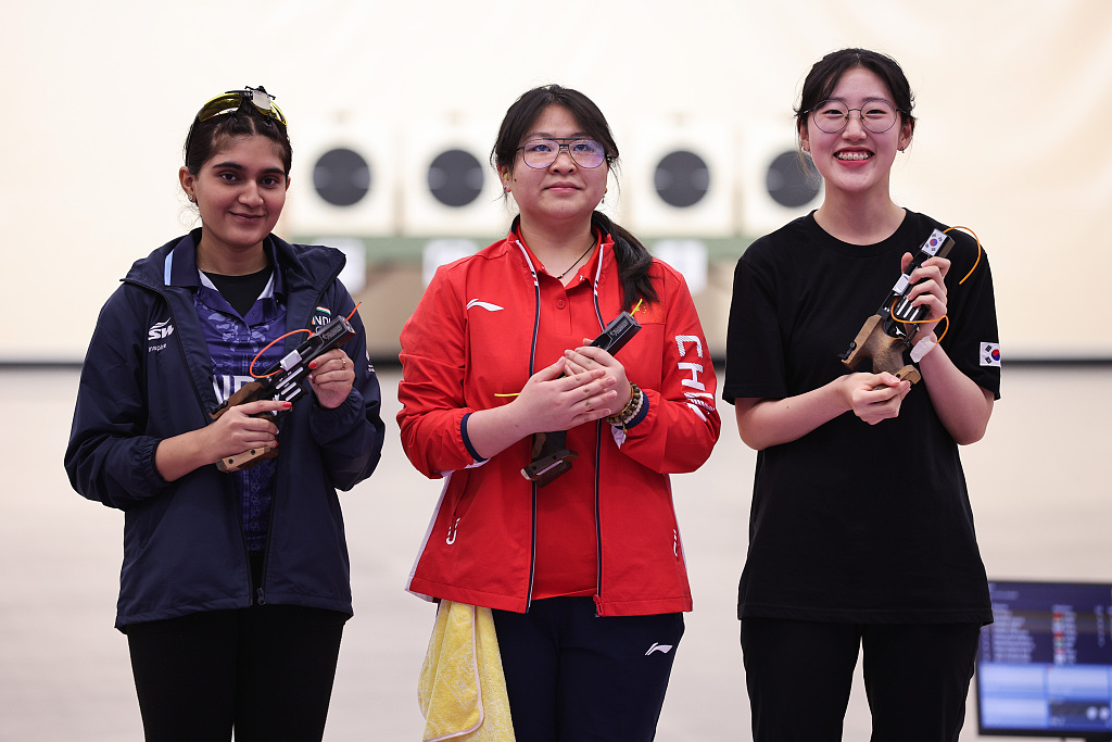 China's Liu Rui (C) during the women's 25m pistol final at the 19th Asian Games in Hangzhou, Zhejiang Province, China, September 27, 2023. /CFP