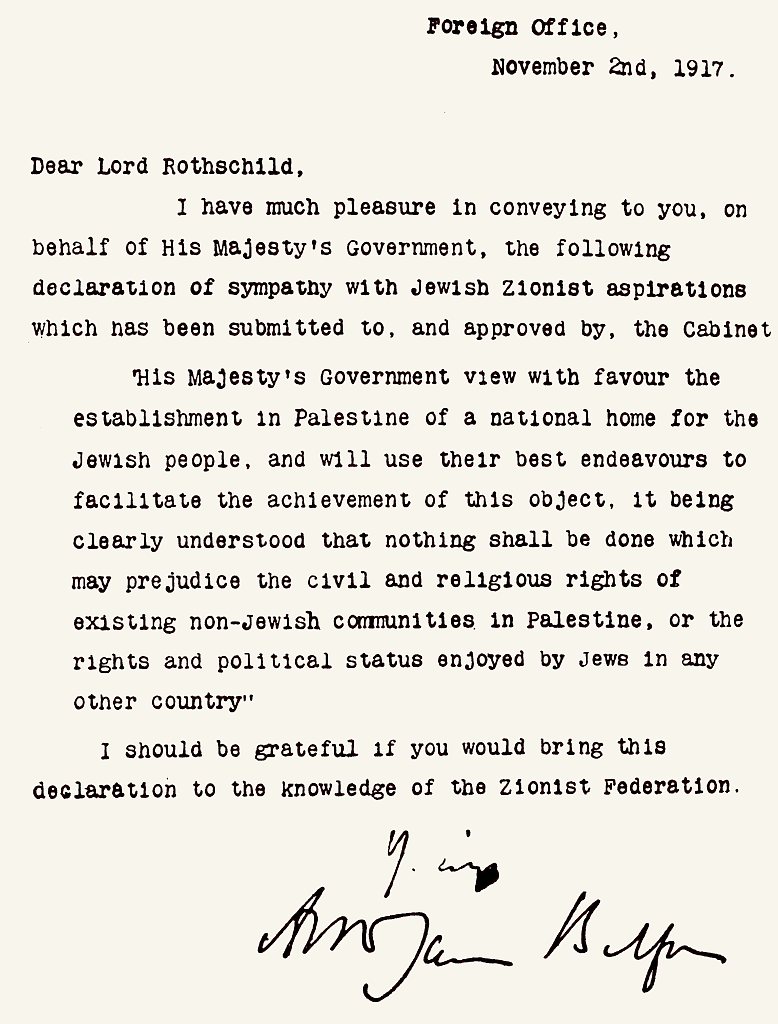 The Balfour Declaration, a letter from the United Kingdom's Foreign Secretary Arthur James Balfour. Dated 1917. /CFP