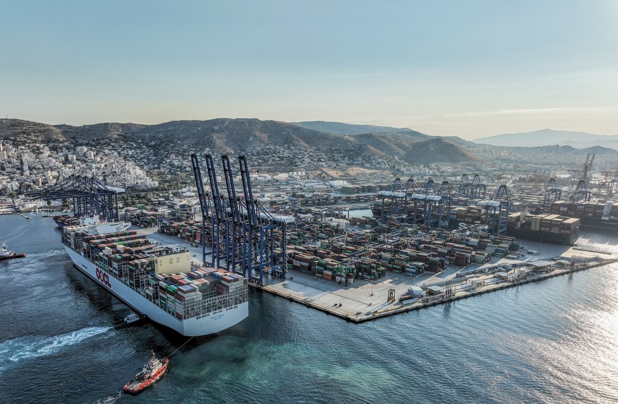 OOCL PIRAEUS, one of the largest container vessels in the world, arriving at Piraeus port in Piraeus, Greece, July 10, 2023. /Xinhua