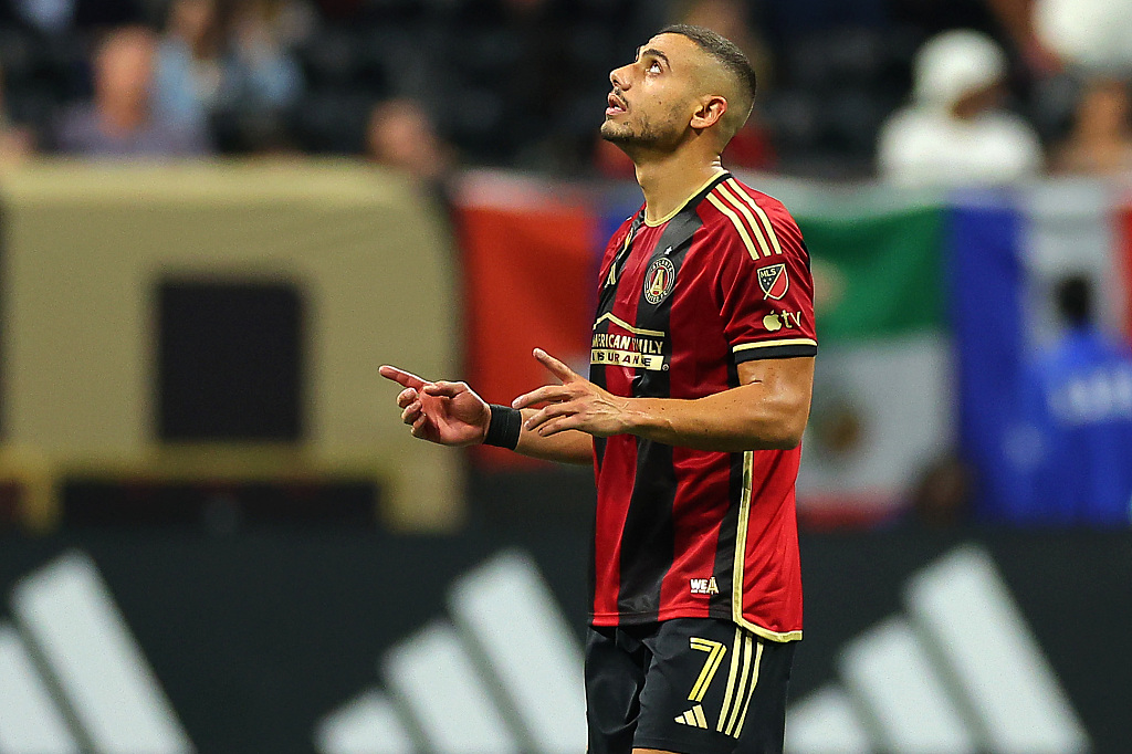 Giorgos Giakoumakis of Atlanta United celebrates after scoring a goal at Mercedes-Benz Stadium in Atlanta, U.S., September 16, 2023. /CFP