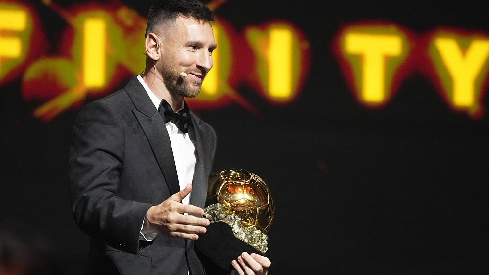 Lionel Messi reacts after receiving the 2023 Ballon d'Or during the award ceremony at Theatre du Chatelet in Paris, France, October 30, 2023. /CFP