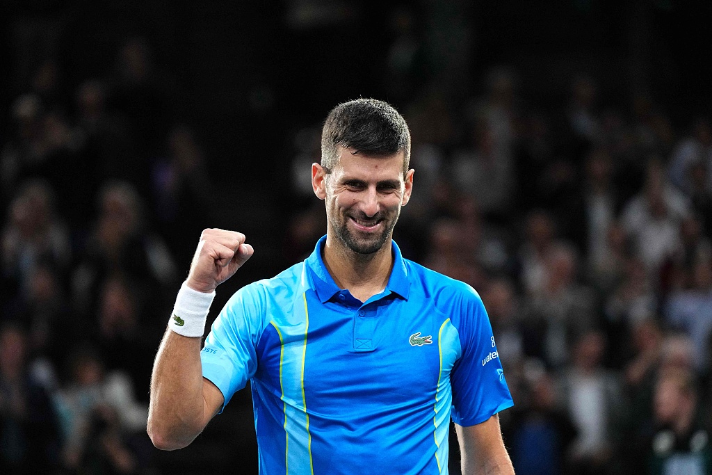 Novak Djokovic of Serbia celebrates after his match with Holger Rune of Denmark (not pictured) during the ATP Tour Paris Masters tennis tournament in Paris, France, November 3, 2023. /CFP