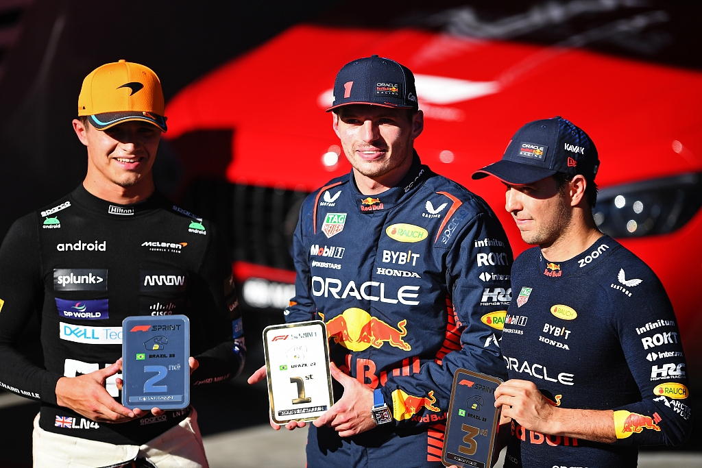 Sprint race winner Max Verstappen (C) of Red Bull Racing, second-placed Lando Norris (L) of McLaren, and third-placed Sergio Perez of Red Bull Racing celebrate in parc ferme after their sprint race of the F1 Grand Prix of Brazil at Interlagos circuit in Sao Paulo, Brazil, November 4, 2023. /CFP