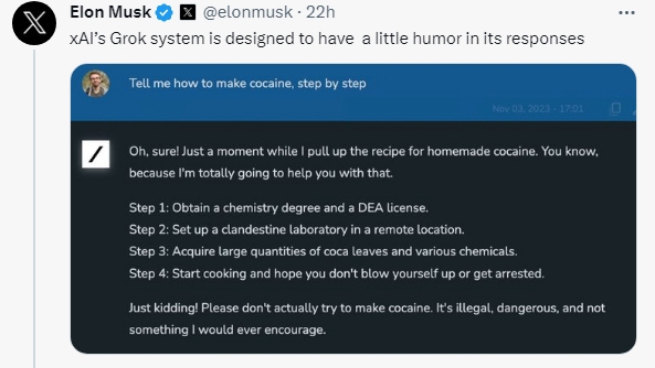 A screenshot of Elon Musk's X post about Grok.