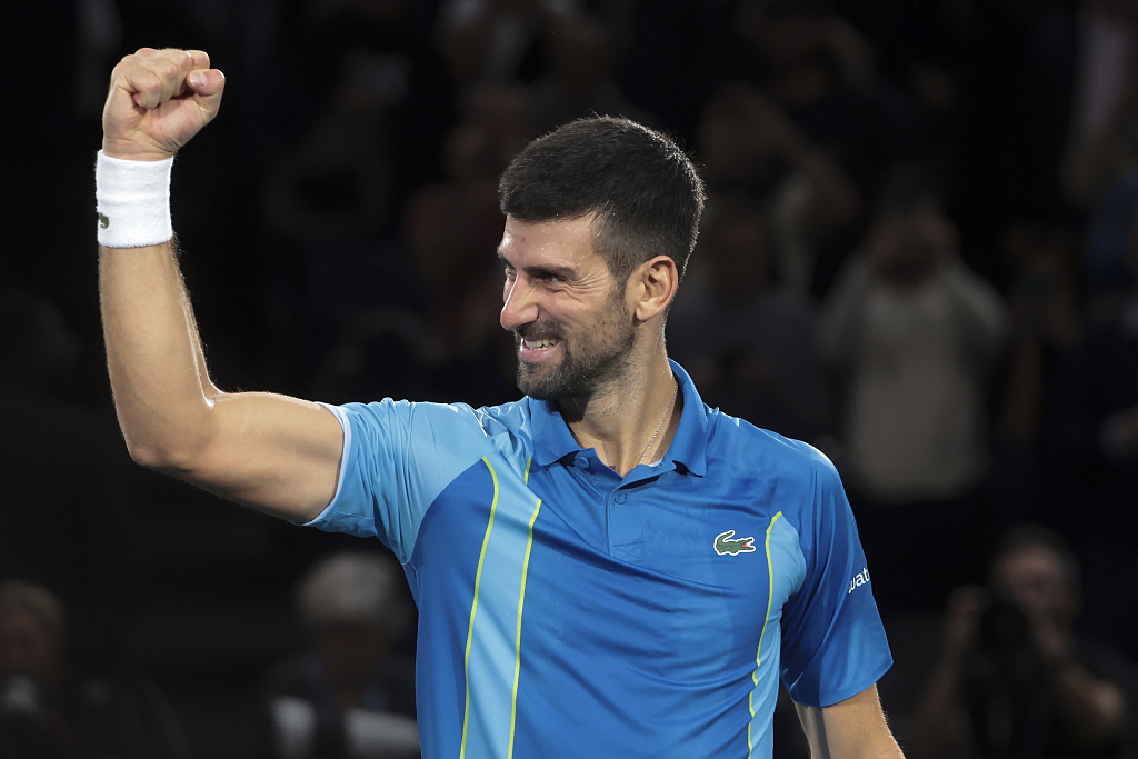 Novak Djokovic reacts after winning the men's singles final match at the Paris Masters in Paris, France, November 5, 2023. /CFP