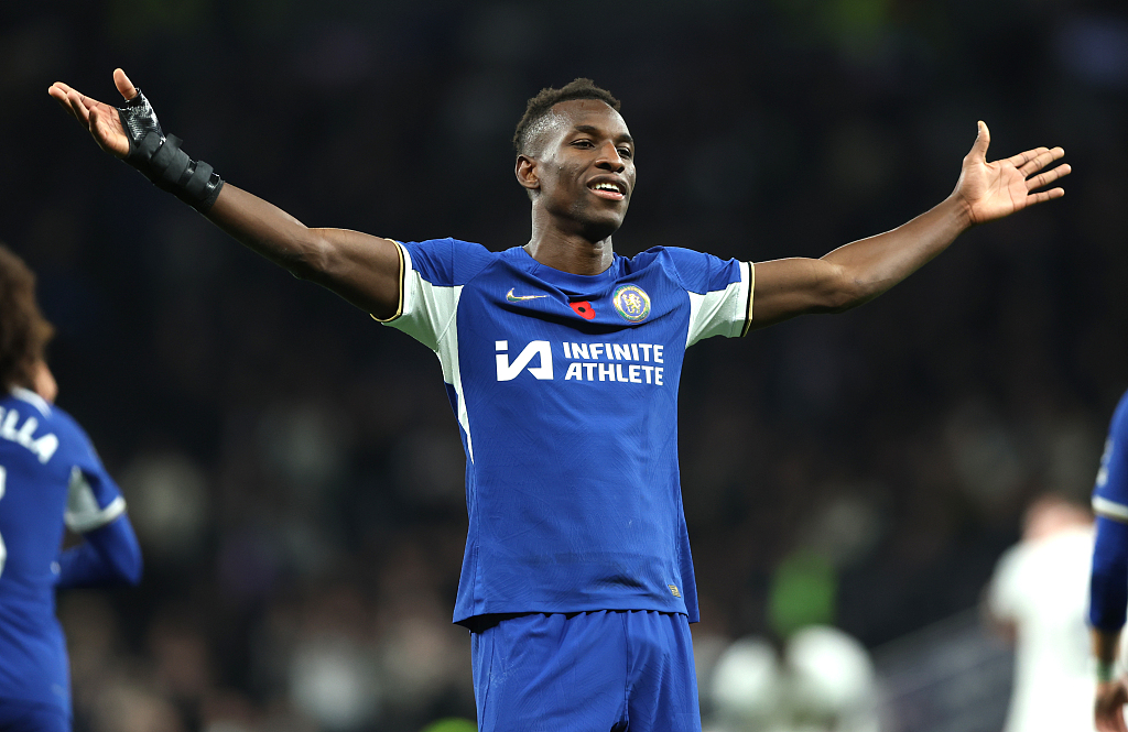 Nicolas Jackson of Chelsea celebrates after scoring his sides fourth goal during their Premier League clash with Tottenham in London, England, November 6, 2023. /CFP