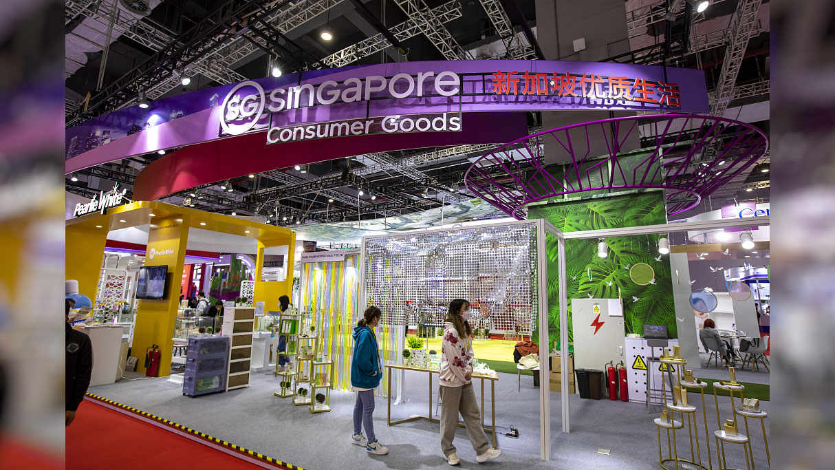 The Singapore Consumer Goods booth is seen at the fifth China International Import Expo (CIIE), Shanghai, China, November 8, 2022. /CFP