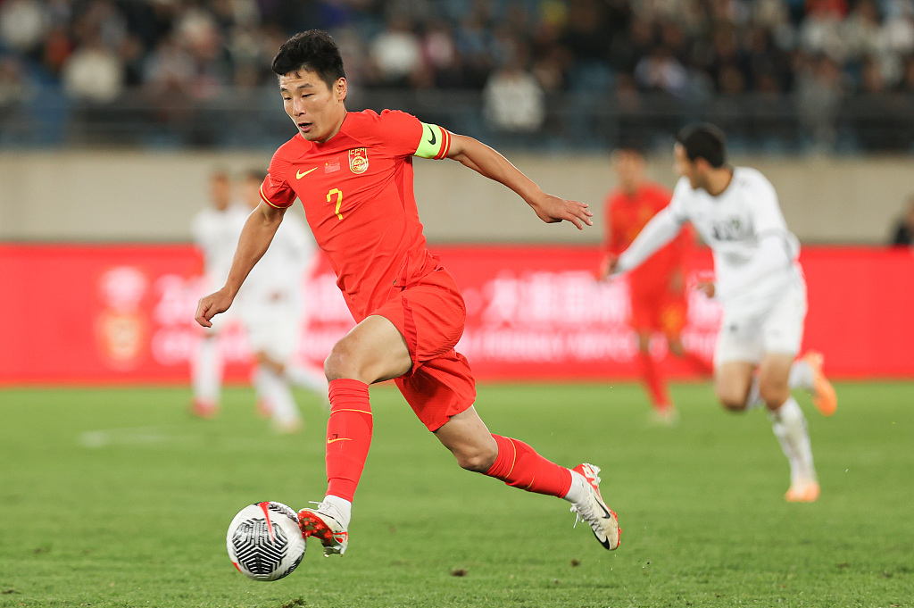 Wu Lei of China in action during the international friendly match between China and Uzbekistan in Dalian, northeast China's Liaoning Province, October 16, 2023. /CFP