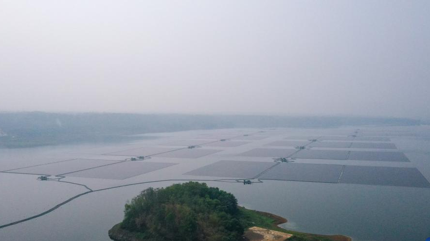 This aerial photo shows the floating array of Cirata floating solar plant above the Cirata Reservoir in West Java Province, Indonesia. November 9, 2023. /Xinhua