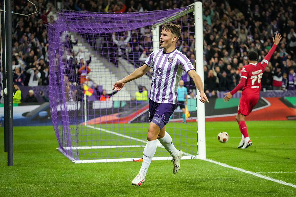 Thijs Dallinga of Toulouse celebrates after scoring a goal against Liverpool during their Europa League group match at Stadium de Toulouse in Toulouse, France, November 9, 2023. /CFP