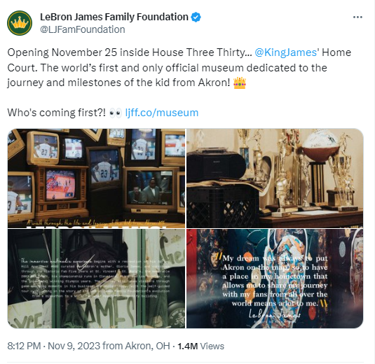 LeBron James Family Foundation's tweet on November 9 about the NBA star's museum. /@LJFamFoundation