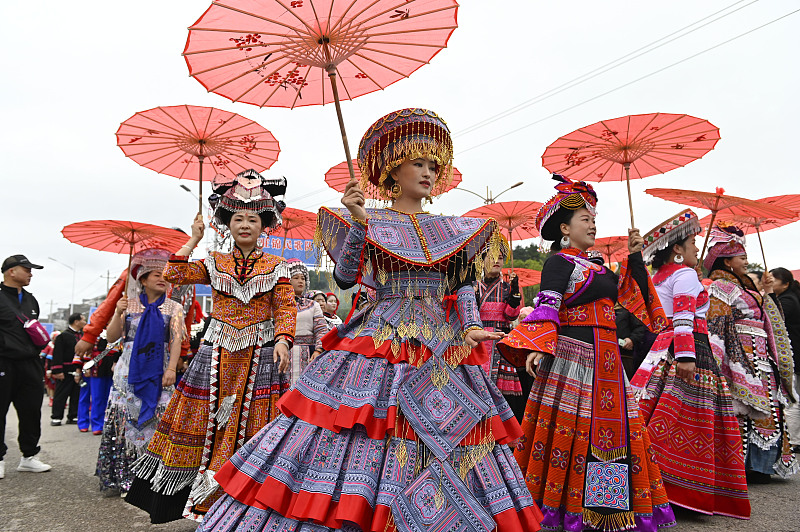 Women dressed in traditional Miao costumes take part in a parade at the Lusheng Festival in Gulong Town, Huangping County, Qiandongnan Miao and Dong Autonomous Prefecture, Guizhou Province, on November 10, 2023. /CFP