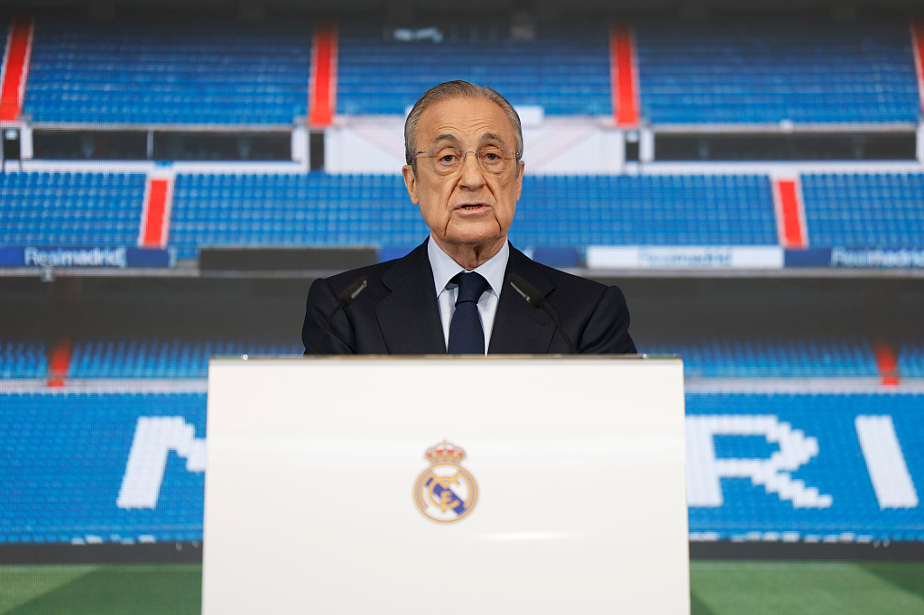 Florentino Perez, president of Real Madrid, speaks at the farewell ceremony for club legend Karim Benzema at Valdebebas in Madrid, Spain, June 6, 2023. /CFP
