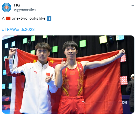 FIG's tweet on November 12 about Chinese gymnasts Wang Zisai (L) and Yan Langyu. /@gymnastics 
