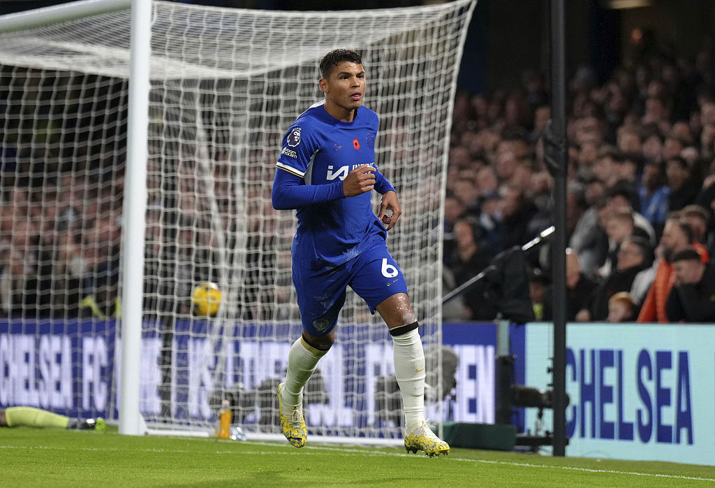 Chelsea's Thiago Silva after scoring a header during their clash with Manchester City at Stamford Bridge stadium in London, England, November 12, 2023. /CFP