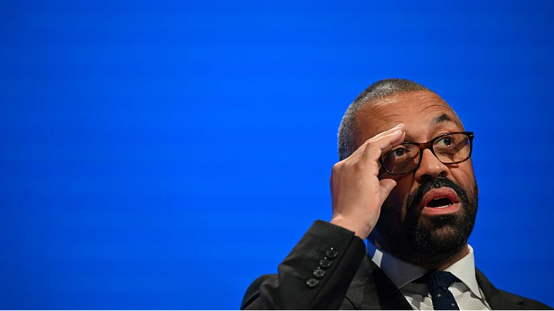 James Cleverly delivers a speech on stage during the opening day of the annual Conservative Party Conference in Manchester, northern England, on October 1, 2023. /CFP