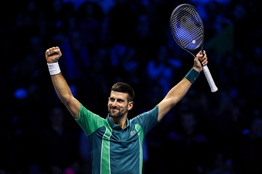 Novak Djokovic of Serbia celebrates his win during day one of the ATP Finals in Turin, Italy, November 12, 2023. /CFP