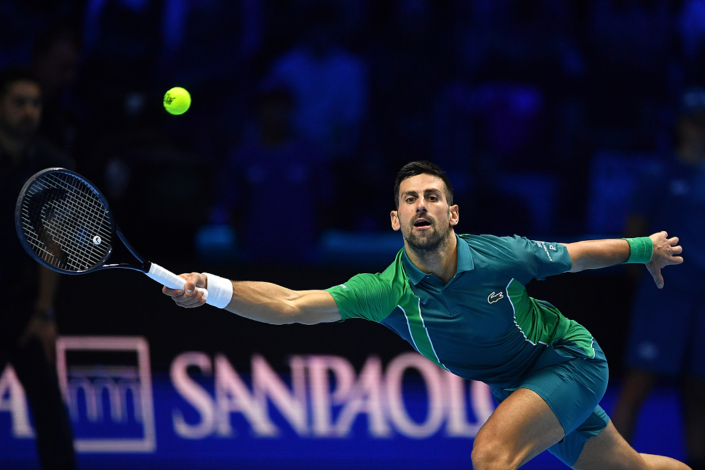 Novak Djokovic of Serbia plays a forehand against Jannik Sinner of Italy  on day 3 of the ATP Finals in Turin, Italy, November 14, 2023. /CFP