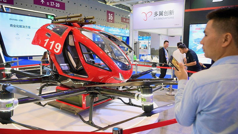 EHang's unmanned large-payload firefighting aerial vehicle at the 25th China Hi-Tech Fair, November 15, 2023. /CFP