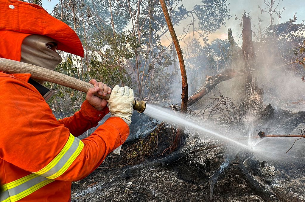Extinguishing a fire in the Pantanal wetland in Porto Jofre, Mato Grosso State, Brazil, November 13, 2023. /CFP