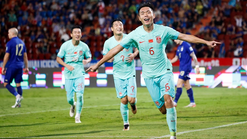 China's Wang Shangyuan celebrates after scoring the winning goal during their clash with Thailand at the Rajamangala Stadium in Bangkok, Thailand, November 16, 2023. /CFP