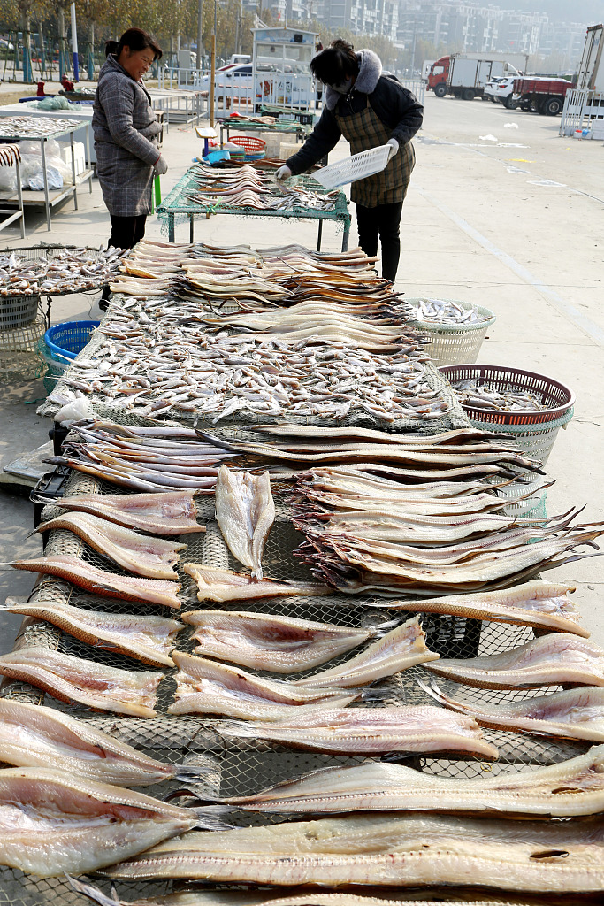 Photo taken on November 16, 2023 shows two women sun-drying fish in Lianyungang, east China's Jiangsu Province. /CFP