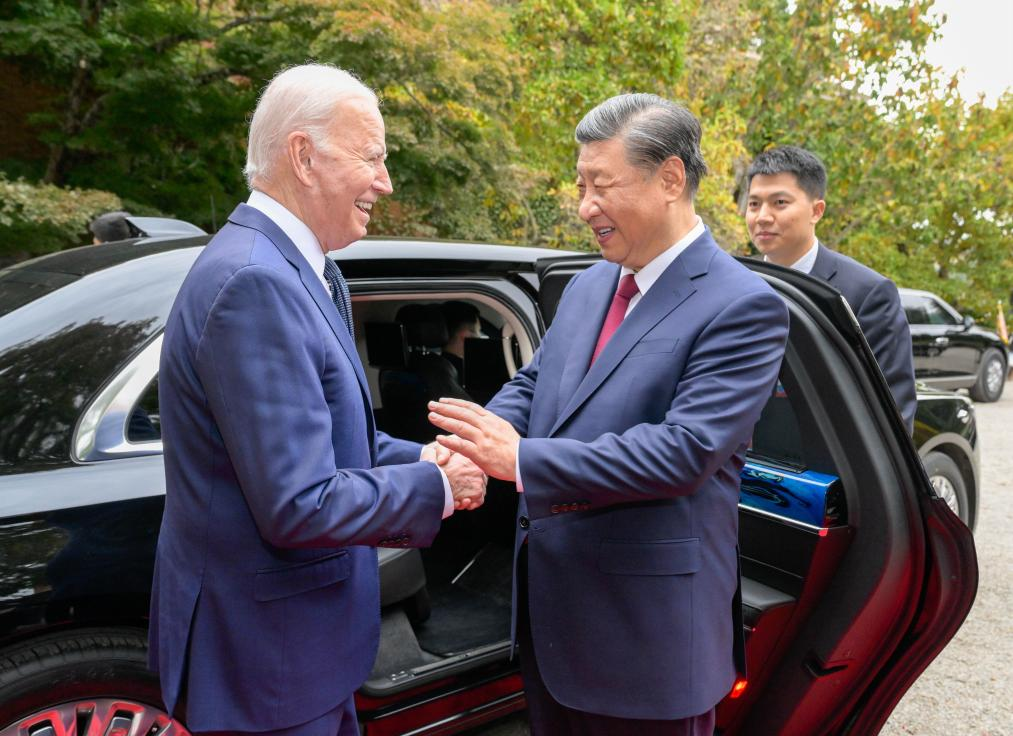 The U.S. President Joe Biden escorts Chinese President Xi Jinping to his car to bid farewell after their talks in the Filoli Estate in the U.S. state of California, November 15, 2023. /Xinhua