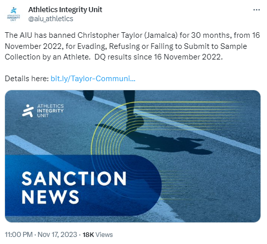 AIU's tweet on November 17 about sanctions on Christopher Taylor. /@aiu_athletics