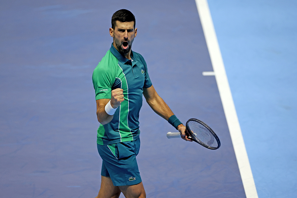 Novak Djokovic of Serbia celebrates victory against Carlos Alcaraz of Spain (not pictured) during the ATP Finals men's singles semi-final in Turin, Italy, November 18, 2023. /CFP