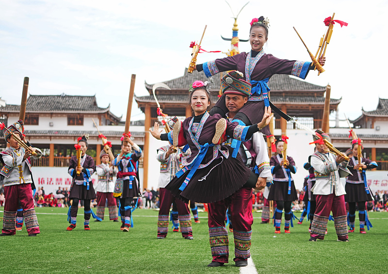Miao people showcase their traditional dances in Rongshui Miao Autonomous County, Guangxi Zhuang Autonomous Region, November 18, 2023. /CFP