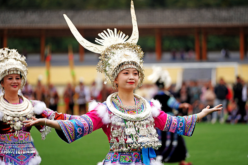 Miao women showcase their traditional costumes in Rongshui Miao Autonomous County, Guangxi Zhuang Autonomous Region, November 18, 2023. /CFP