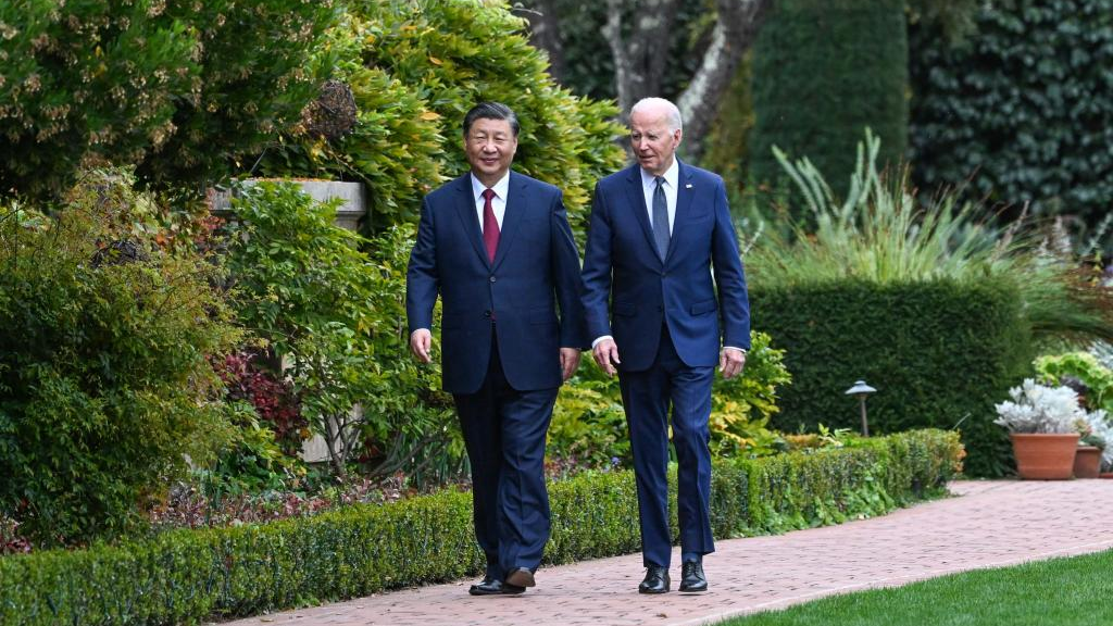 Chinese President Xi Jinping and U.S. President Joe Biden take a walk after their talks in the Filoli Estate in the U.S. state of California, November 15, 2023. /Xinhua