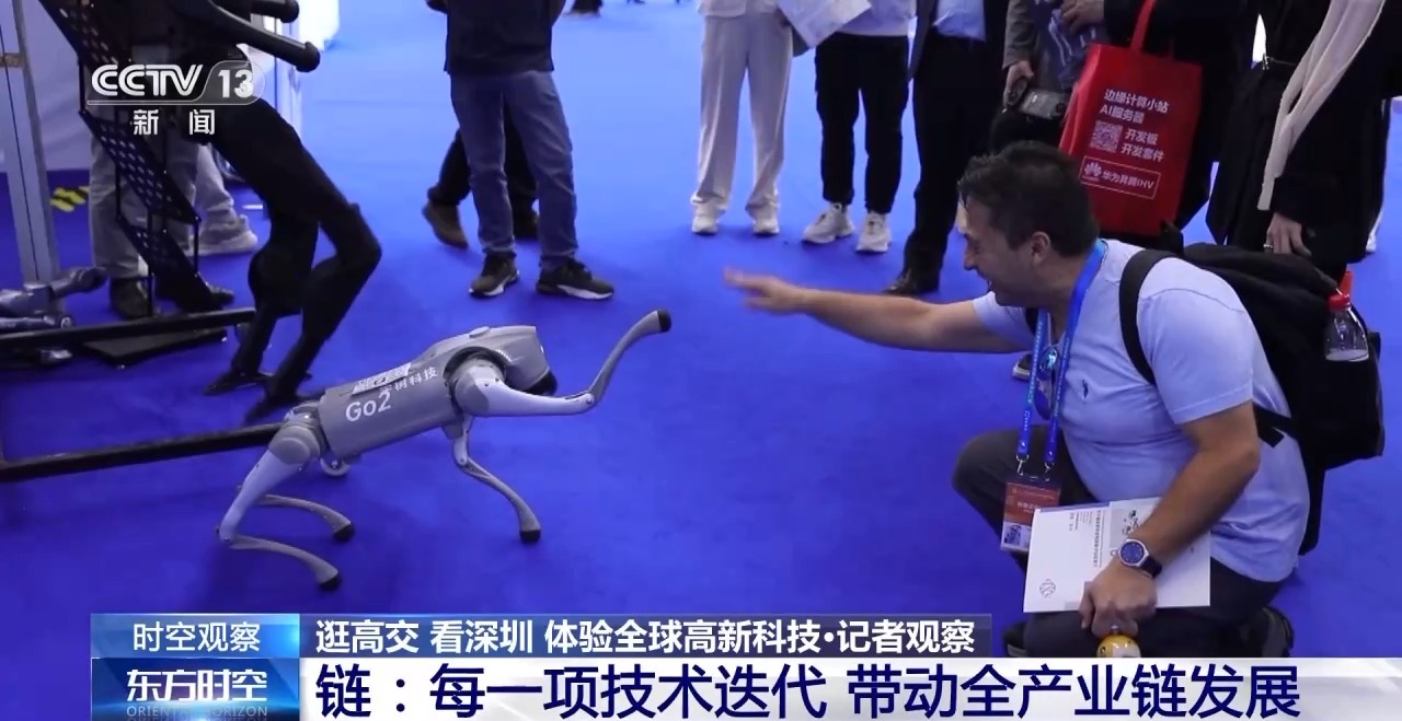 A participant of the China Hi-Tech Fair 2023 reaches for a robot dog. /CMG