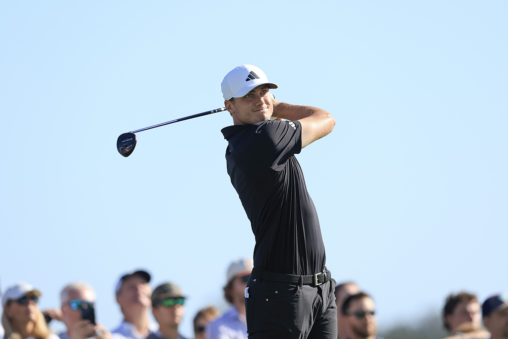 Ludvig Aberg of Sweden hits a tee shot on the 13th hole during the final round of the RSM Classic golf tournament at St. Simons Island, U.S., November 19, 2023. /CFP