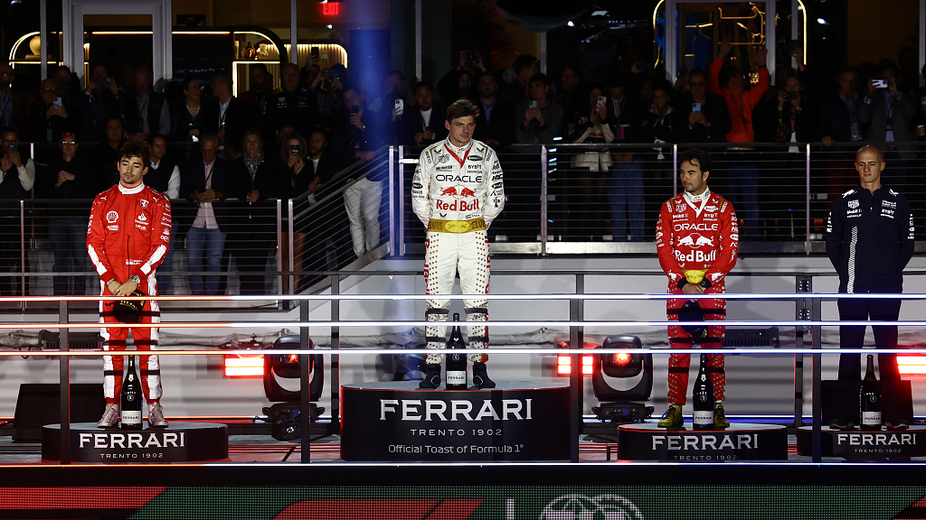 L-R: Charles Leclerc, Max Verstappen and Sergio Perez at podium of the Formula 1 Las Vegas Grand Prix in Las Vegas, U.S., November 18, 2023. /CFP