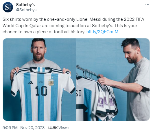 Sotheby's tweet on November 20 about Messi's shirts that will be auctioned. /@Sothebys 