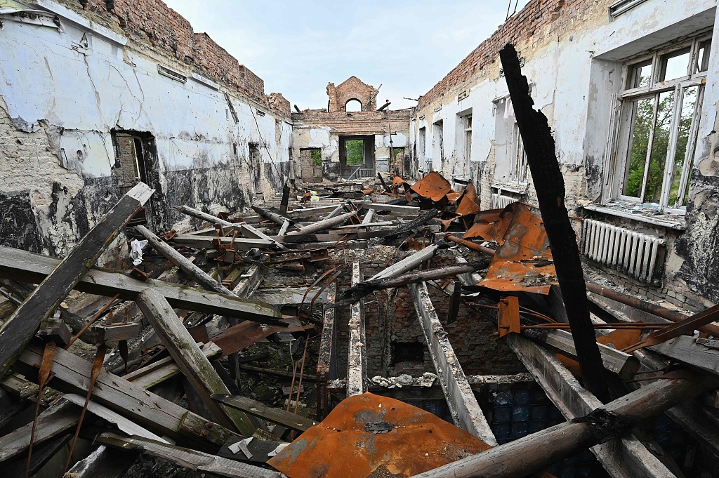 A school is destroyed by aircrafts in the village of Kupiansk-Vuzlovyi, Kharkiv, Ukraine, June 28, 2023. /CFP