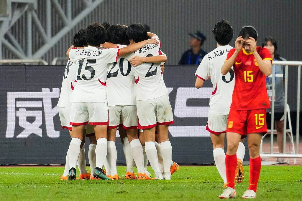 DPRK players celebrate after scoring during their clash with China at the Xiamen Egret Stadium in Xiamen, China, October 26, 2023. /CFP
